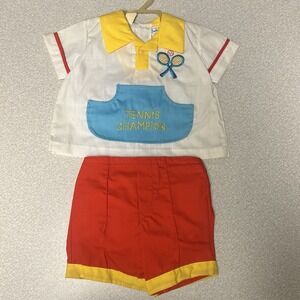 VTG 70s Cradle Togs Tennis 2 Piece Outfit Short Sleeve‎ Button Shorts Baby 12M